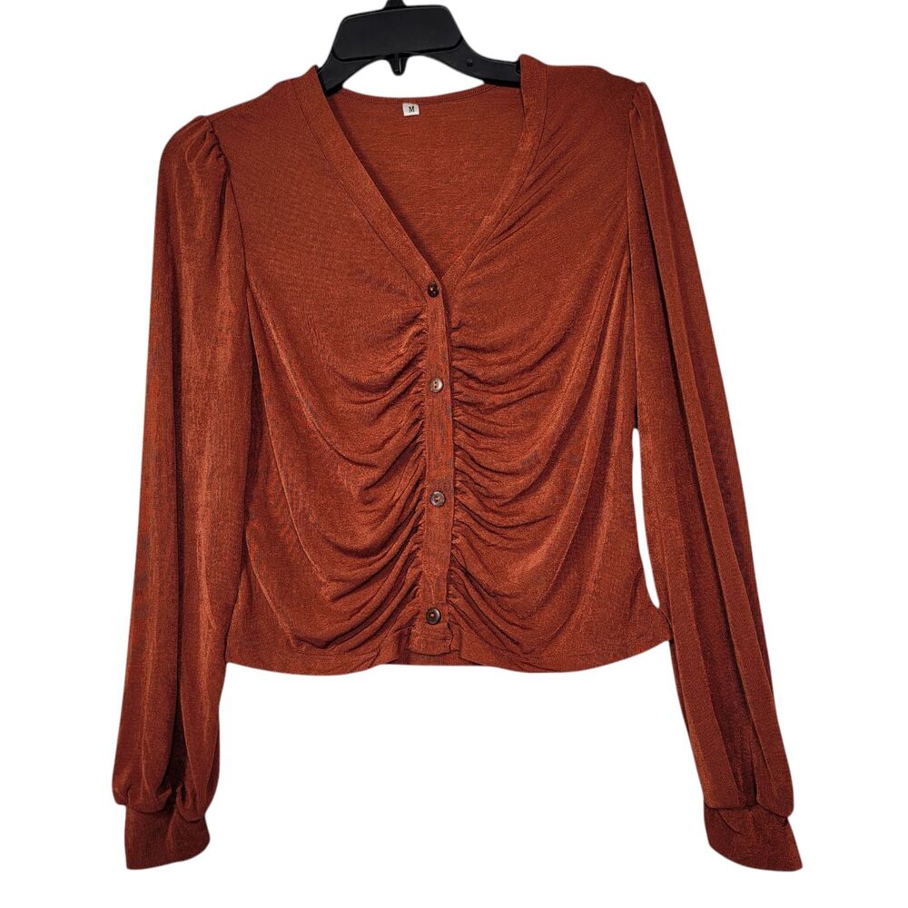 Women's  Slinky Knit Ruched Front Button Down Crop Top Brown Size Medium